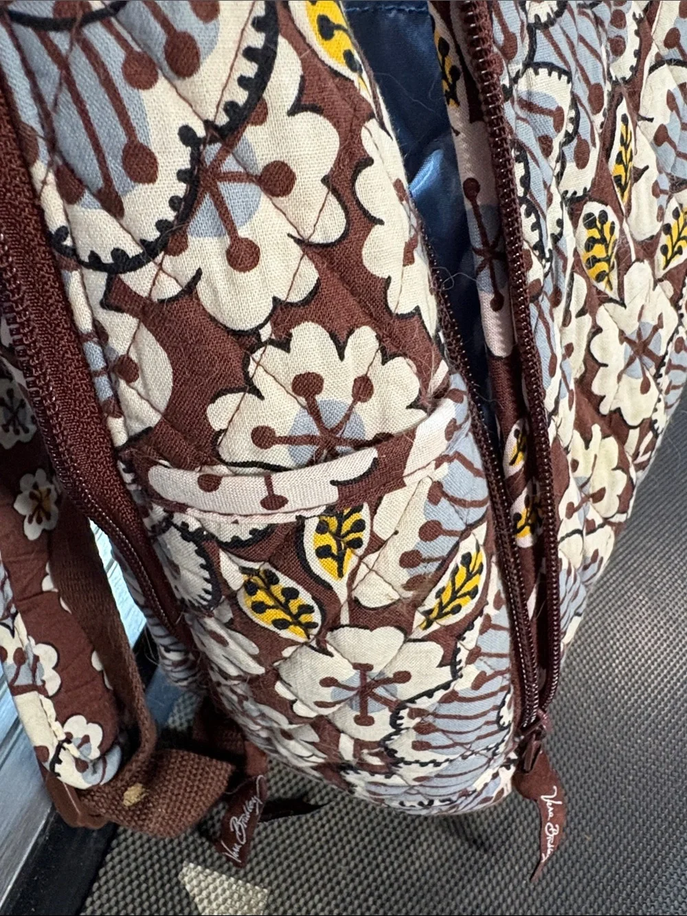 Vera Bradley Quilted Floral Backpack in Brown, Light Blue & Yellow